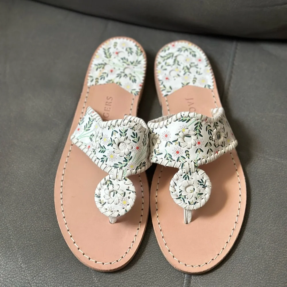 Jack Rogers White Floral Leather Thong Sandal